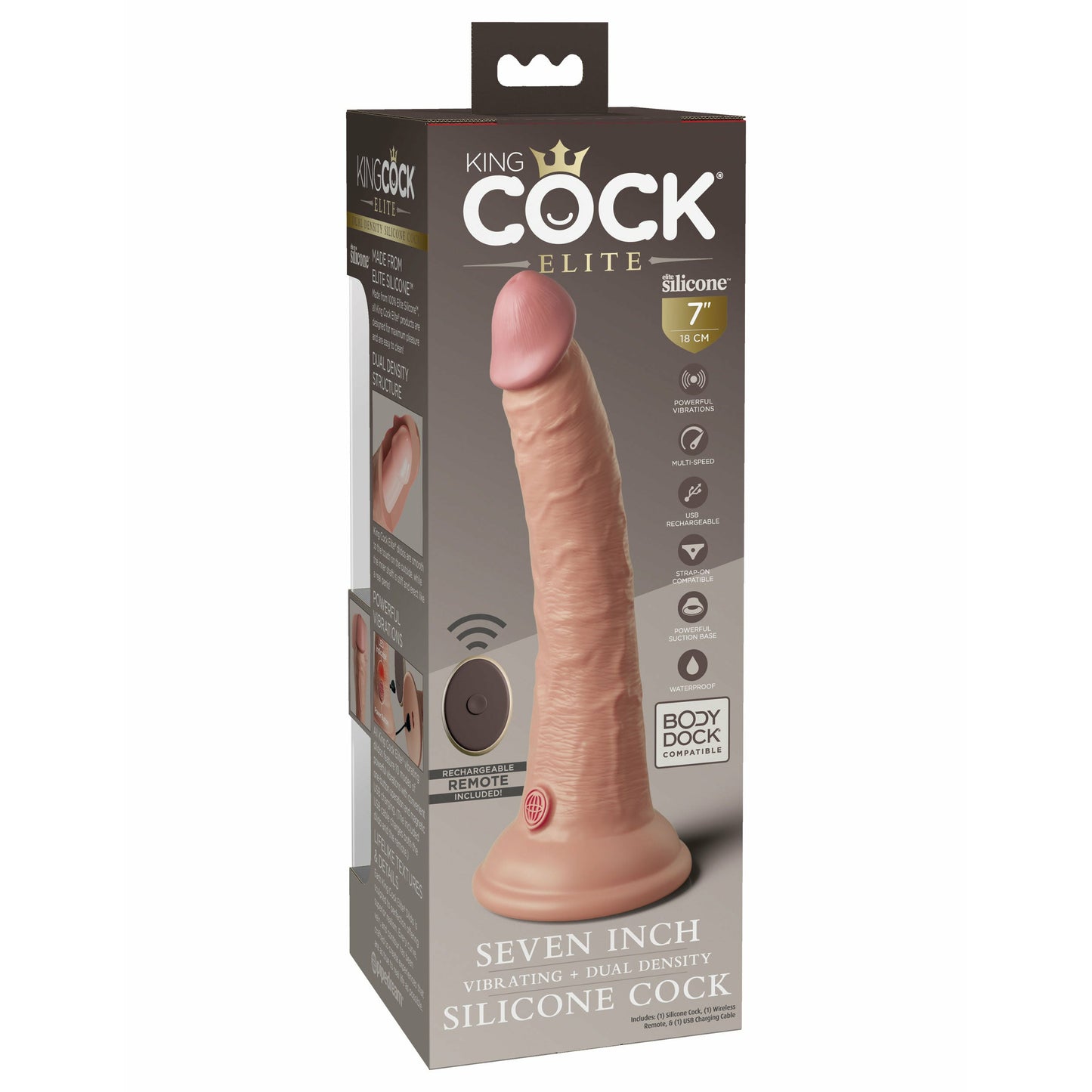 King Cock Elite 7 Inch Vibrating Silicone Dual Density Cock With Remote - Light
