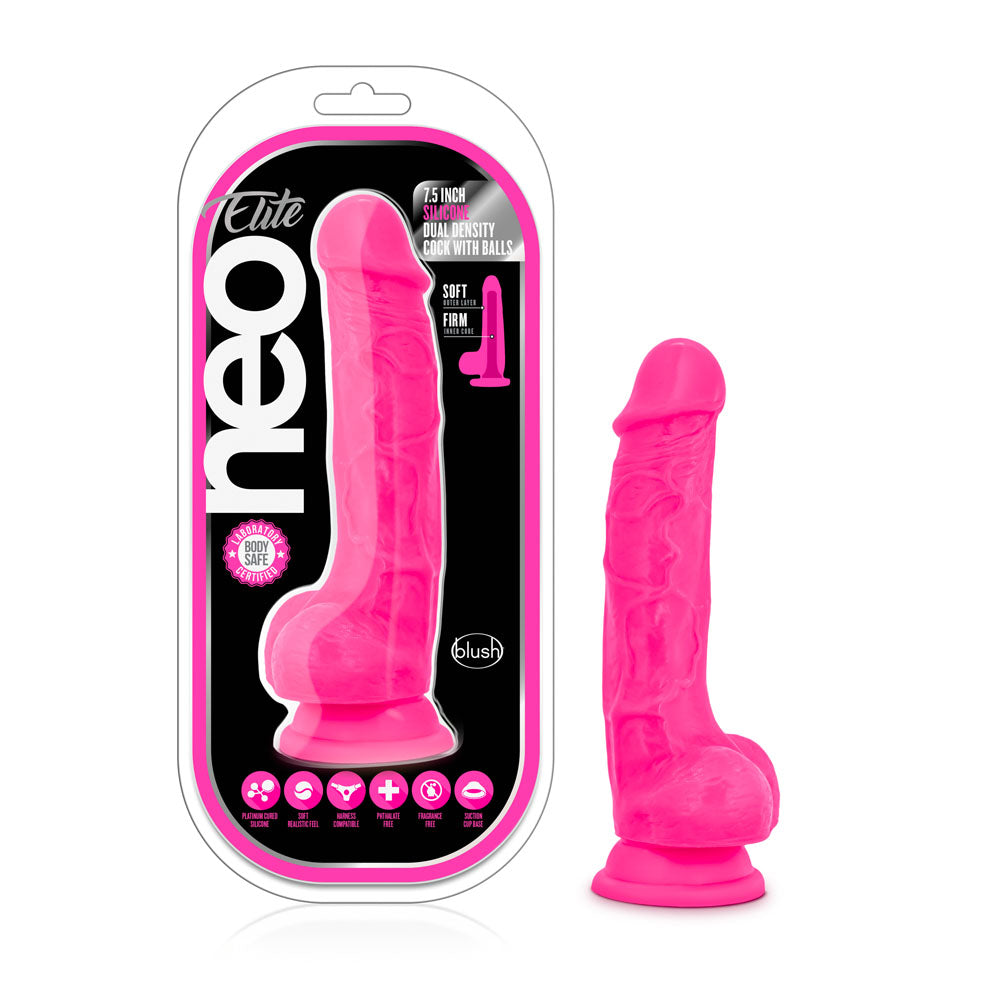 Neo Elite - 7.5 Inch Silicone Dual Density Cock  With Balls - Neon Pink BL-82100