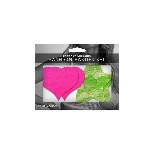 Fashion Pasties Set - Neon Pink Satin Heart and Neon Green Lace Star