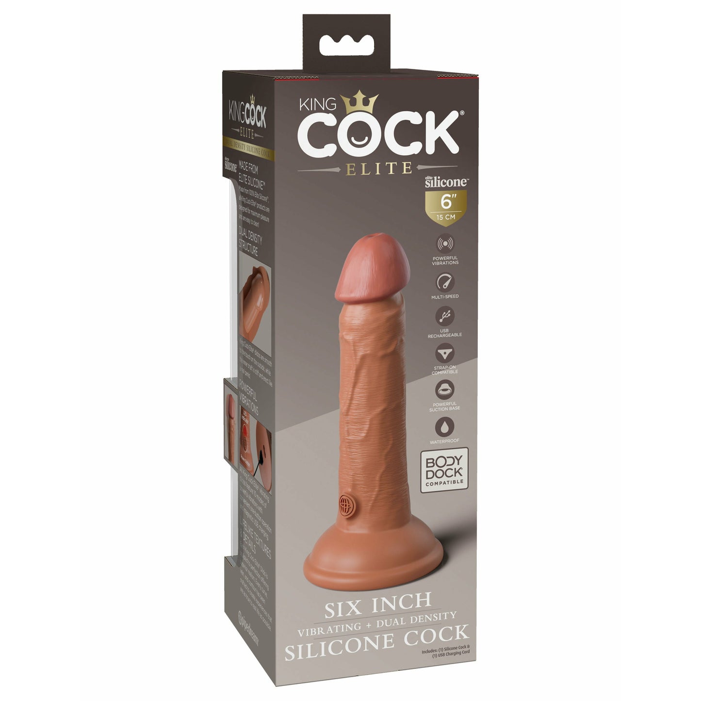 King Cock Elite 6 Inch Vibrating Silicone Dual  Silicone Dual Density Cock - Tan