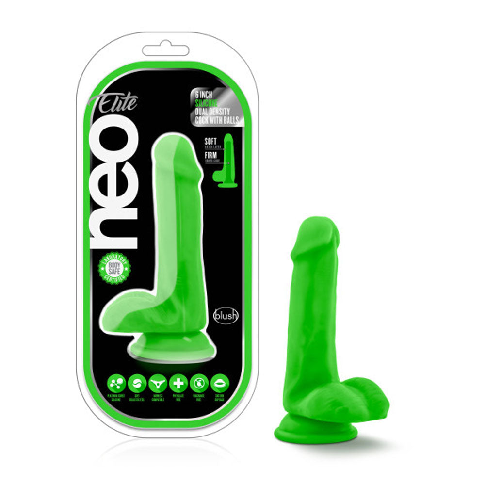 Neo Elite - 6 Inch Silicone Dual Density Cock With Balls - Neon Green BL-82422