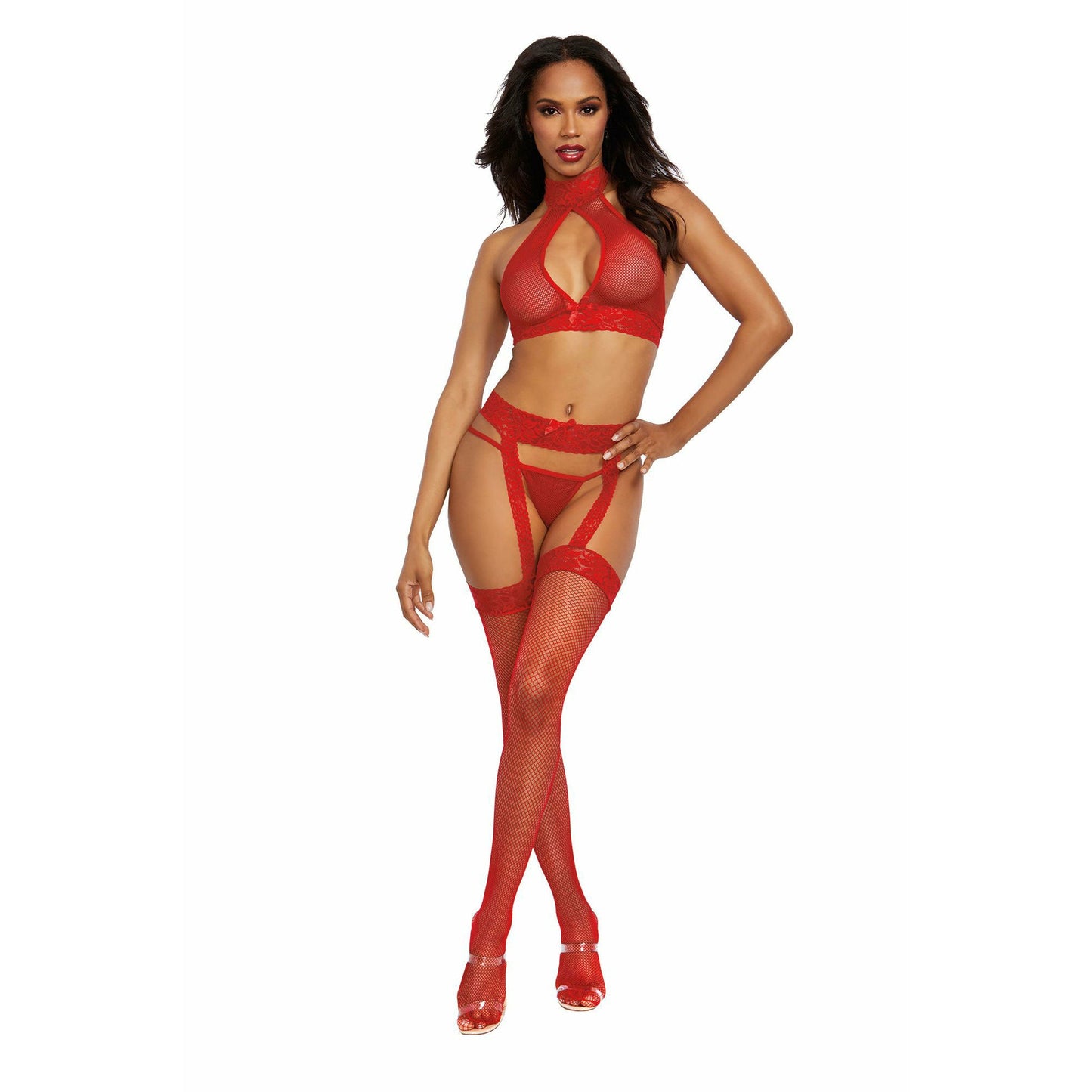 Bralette, Garterhose, and G-String - One Size - Rouge