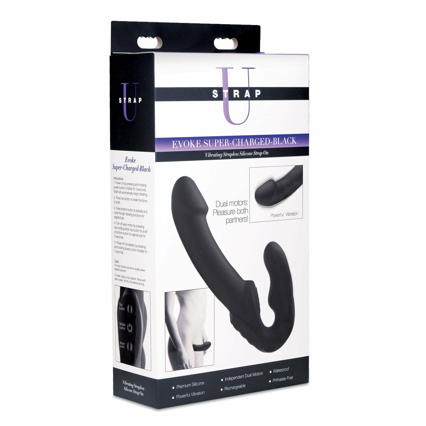 Evoke Rechargeable Vibrating Silicone Strapless Strap on - Black