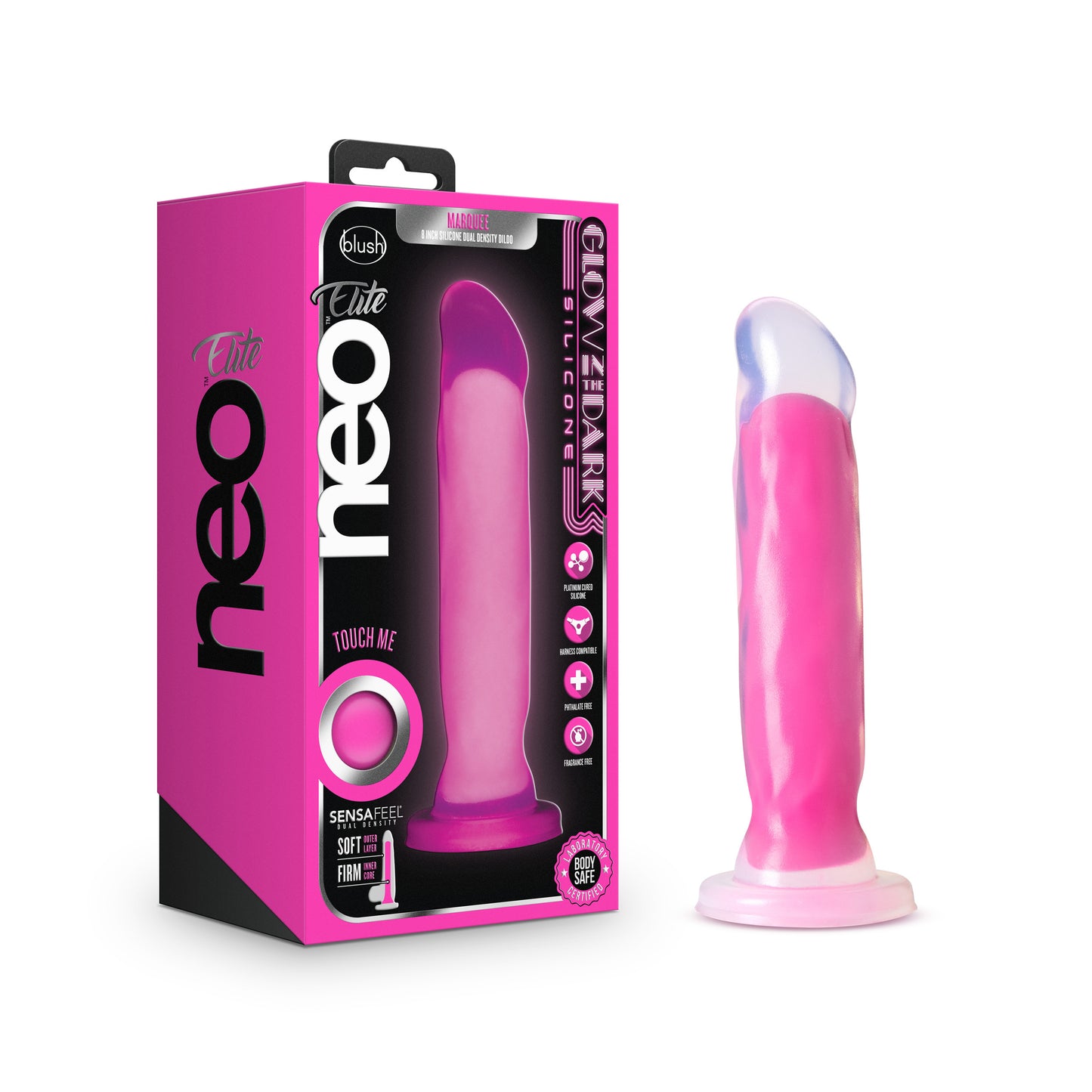 Neo Elite Glow in the Dark - Marquee - 8 Inch Silicone Dual Density Dildo - Neon Pink