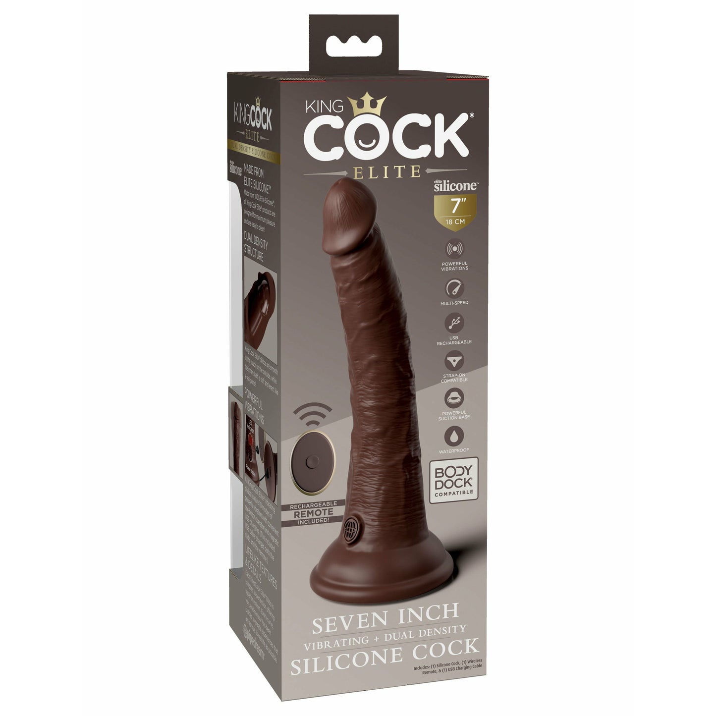 King Cock Elite 7 Inch Vibrating Silicone Dual Silicone Dual Density Cock With Remote - Brown