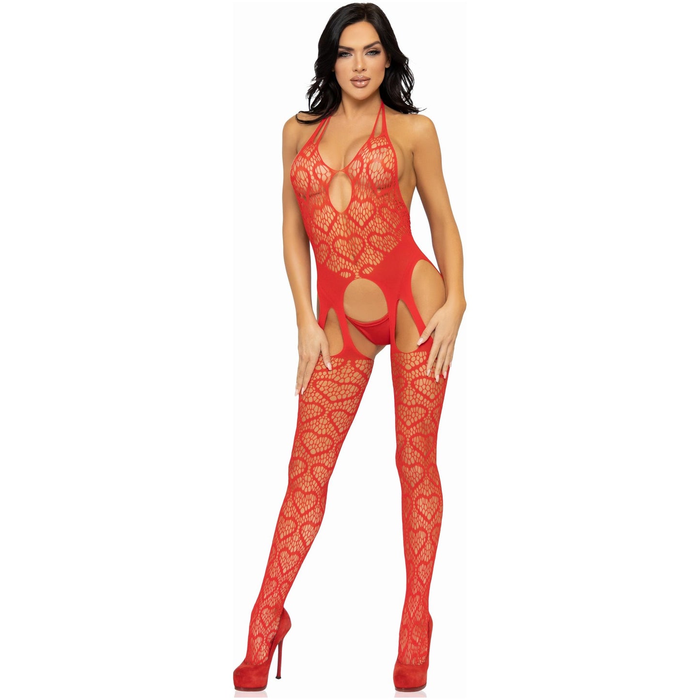Seamless Heart Net Suspender Bodystocking - One Size - Red LA-89306REDOS
