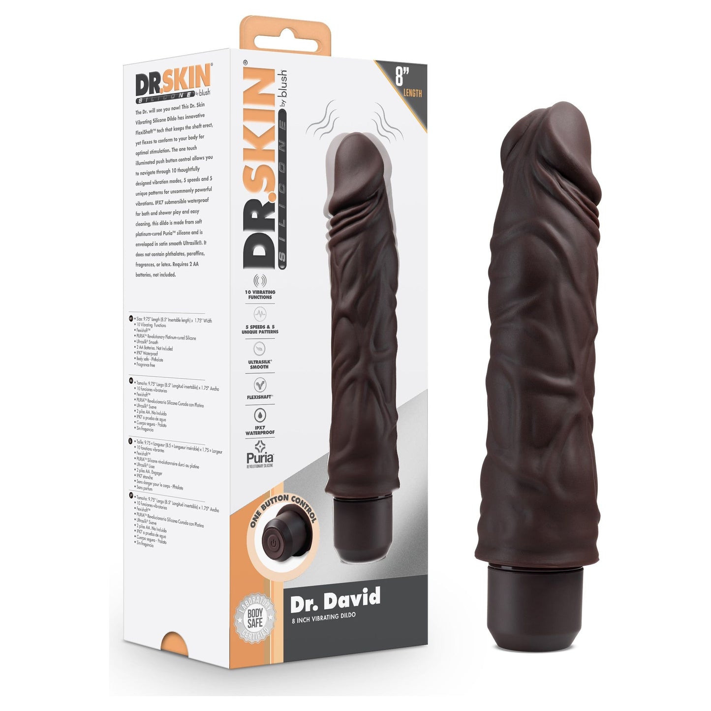Dr. Skin Silicone - Dr. David - 8 Inch Vibrating  Dildo - Brown
