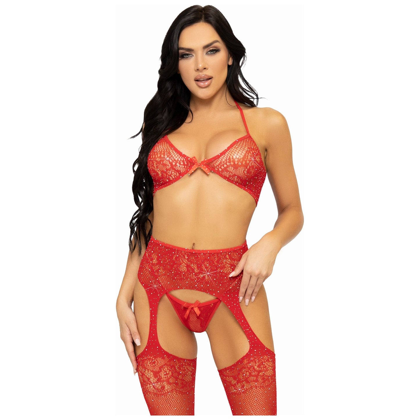 3 Pc Rhinestone Bra Top, G-String, and Garter Belt Stockings - One Size - Red