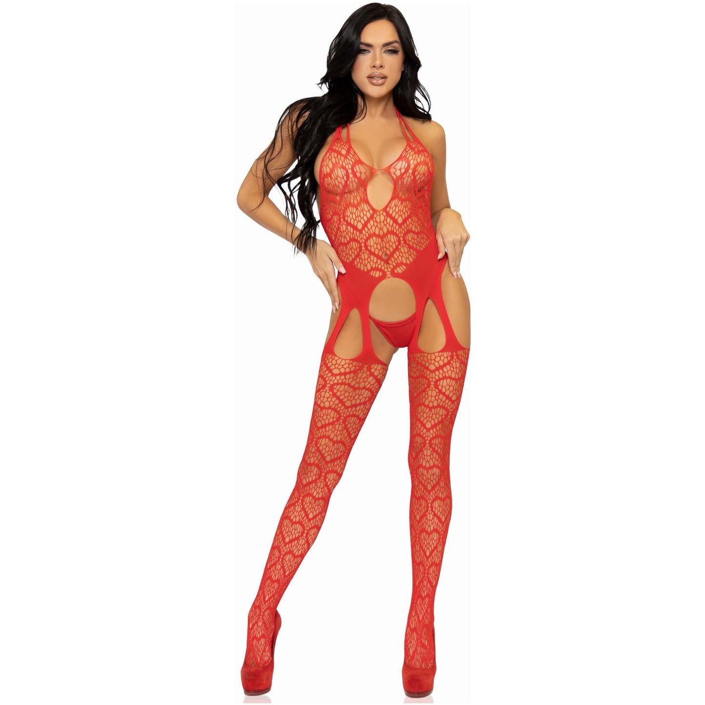 Seamless Heart Net Suspender Bodystocking - One  Size - Red