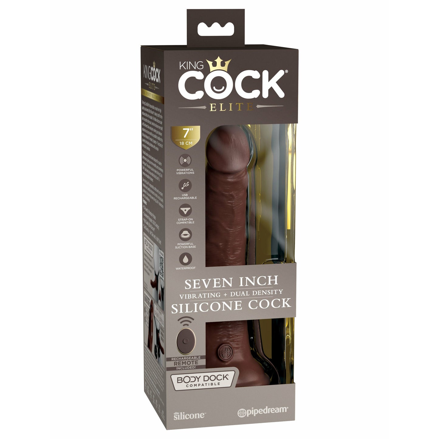King Cock Elite 7 Inch Vibrating Silicone Dual Silicone Dual Density Cock With Remote - Brown