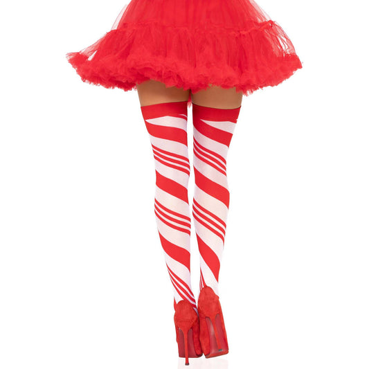 Candy Cane Thigh High - One Size - White/red