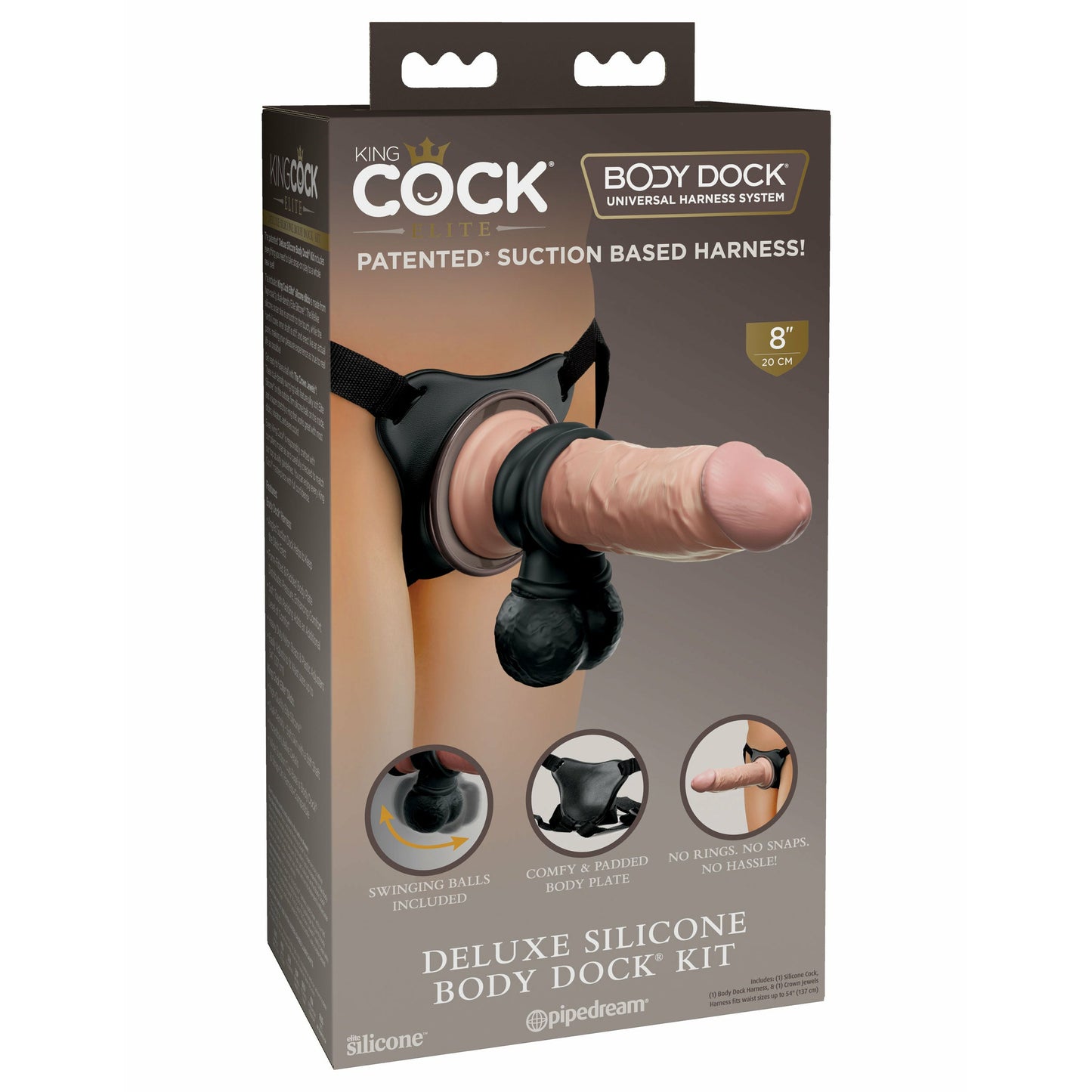 King Cock Elite Deluxe Silicone Body Dock Kit - Harness and 8 Inch Dildo - Light