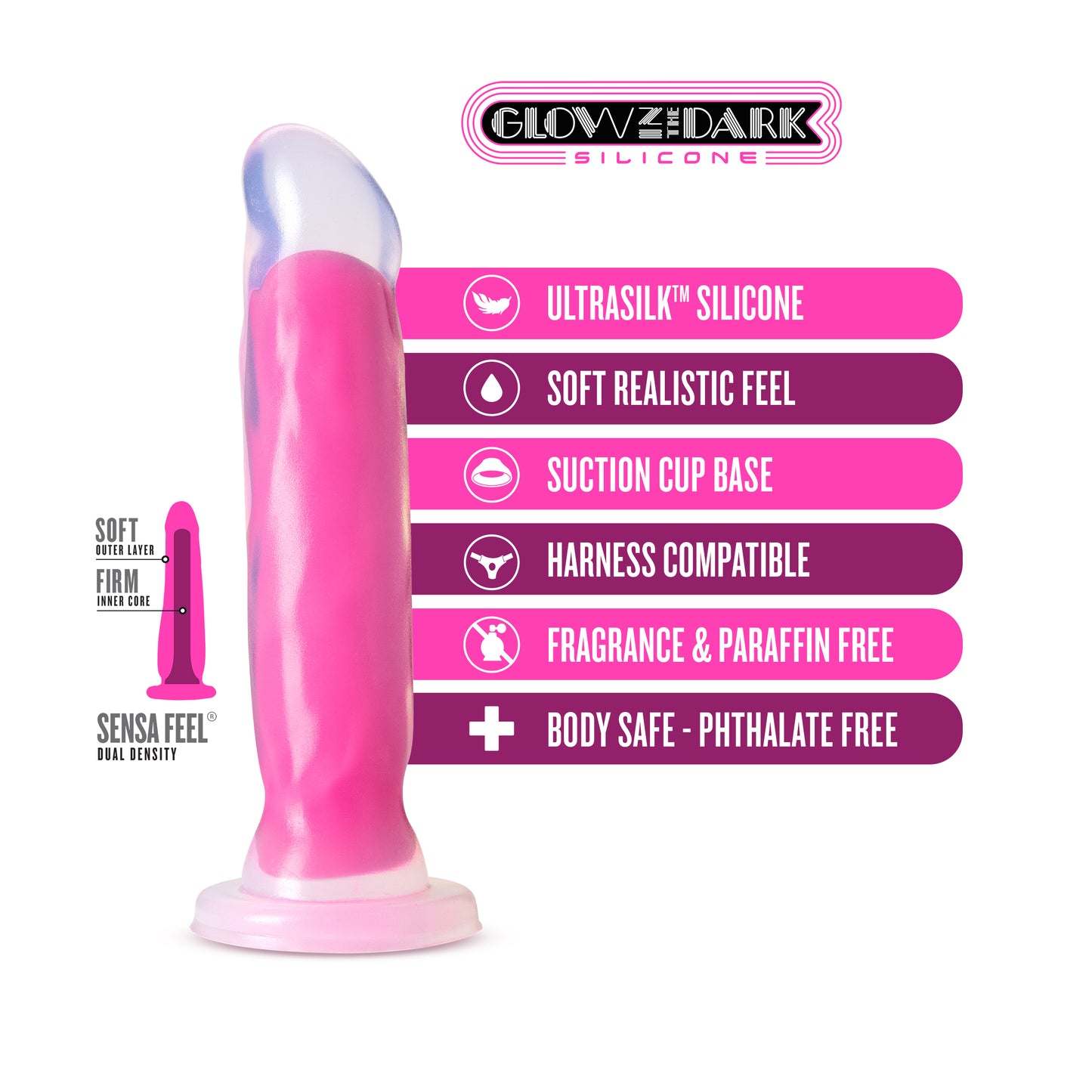 Neo Elite Glow in the Dark - Marquee - 8 Inch Silicone Dual Density Dildo - Neon Pink BL-88200