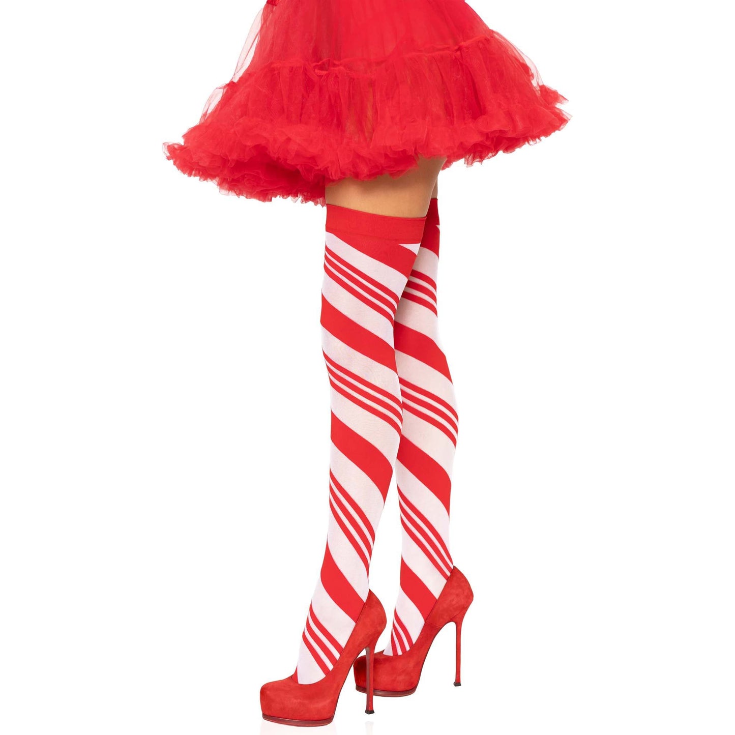 Candy Cane Thigh High - One Size - White/red