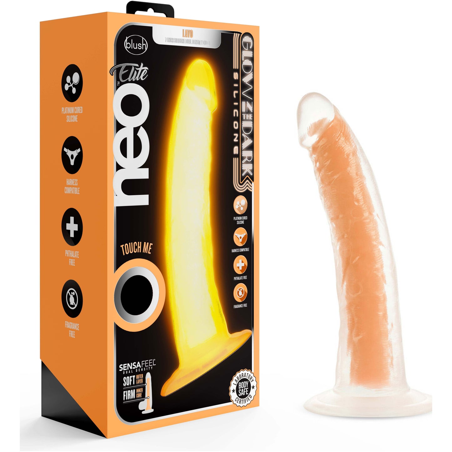 Neo Elite Glow in the Dark - Lavo - 7 Inch Silicone Dual Density Dildo - Neon Orange