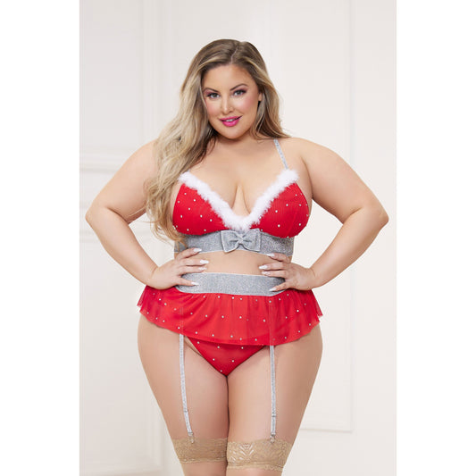 3 Pc Rhinestone Stud Bra With Marabou Trim and Garter Belt With Mesh Thong - Queen - Red STM-11478XPRDQ