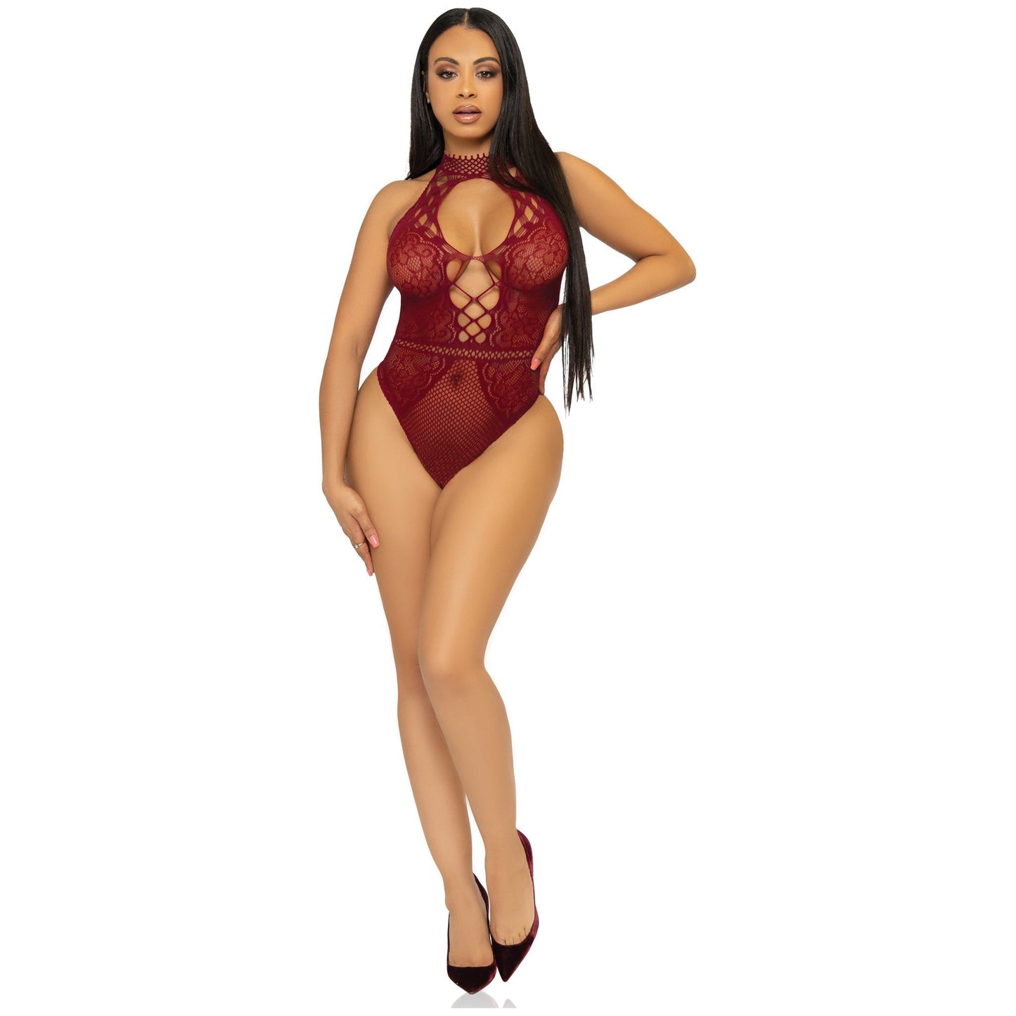 Net and Lace Keyhole Halter Bodysuit - One Size -  Burgundy LA-89307BUROS