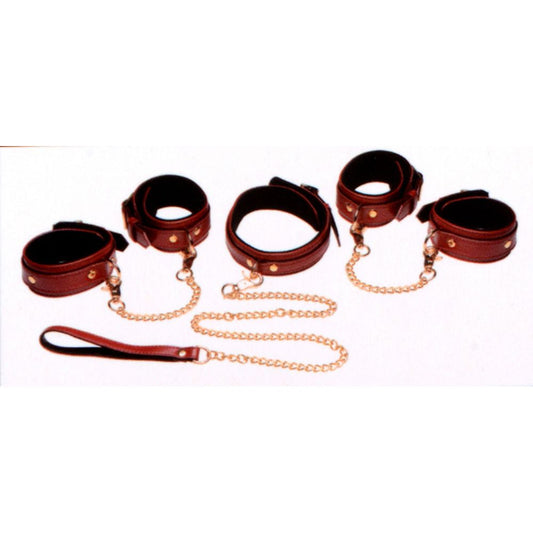 6 Piece Burgundy Bondage Set Burgundy Cuffs,  Collar and Leash MS-AG883-BUR