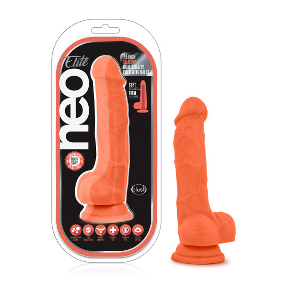 Neo Elite - 7.5 Inch Silicone Dual Density Cock  With Balls - Neon Orange