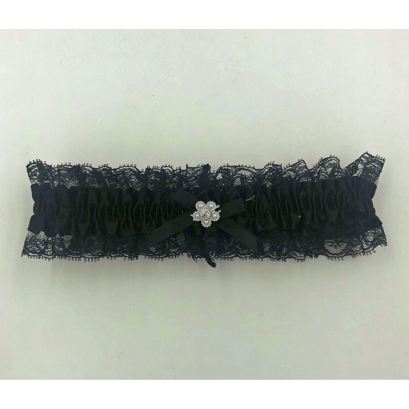 Satin Leg Garter - One Size - Black With Black  Lace EM-3555BLK