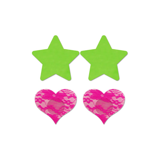 Fashion Pasties Set - Neon Green Solid Star and Neon Pink Lace Heart FL-FLA101NEON