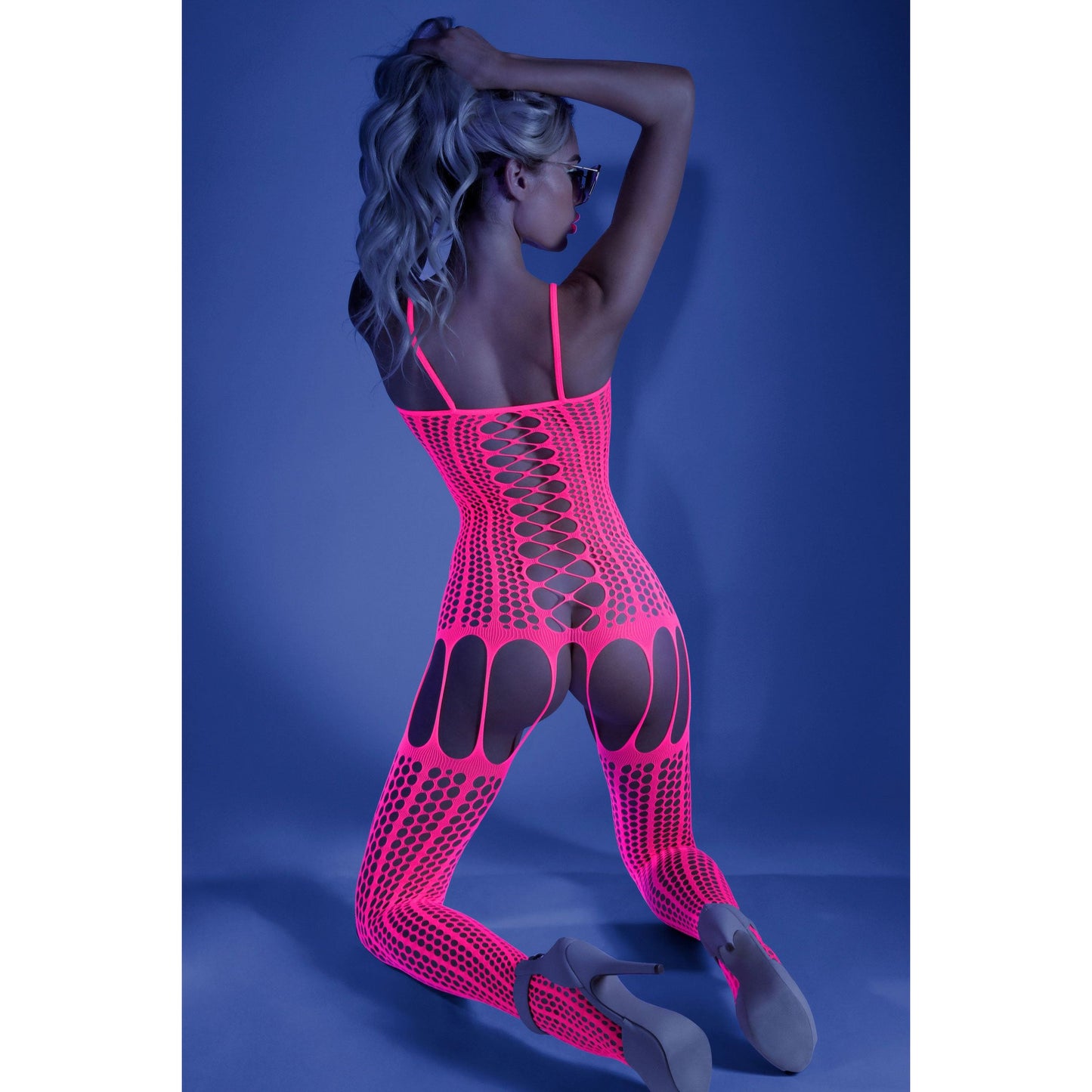 Hypnotic Crisscross Stripe Bodystocking - One Size - Neon Pink