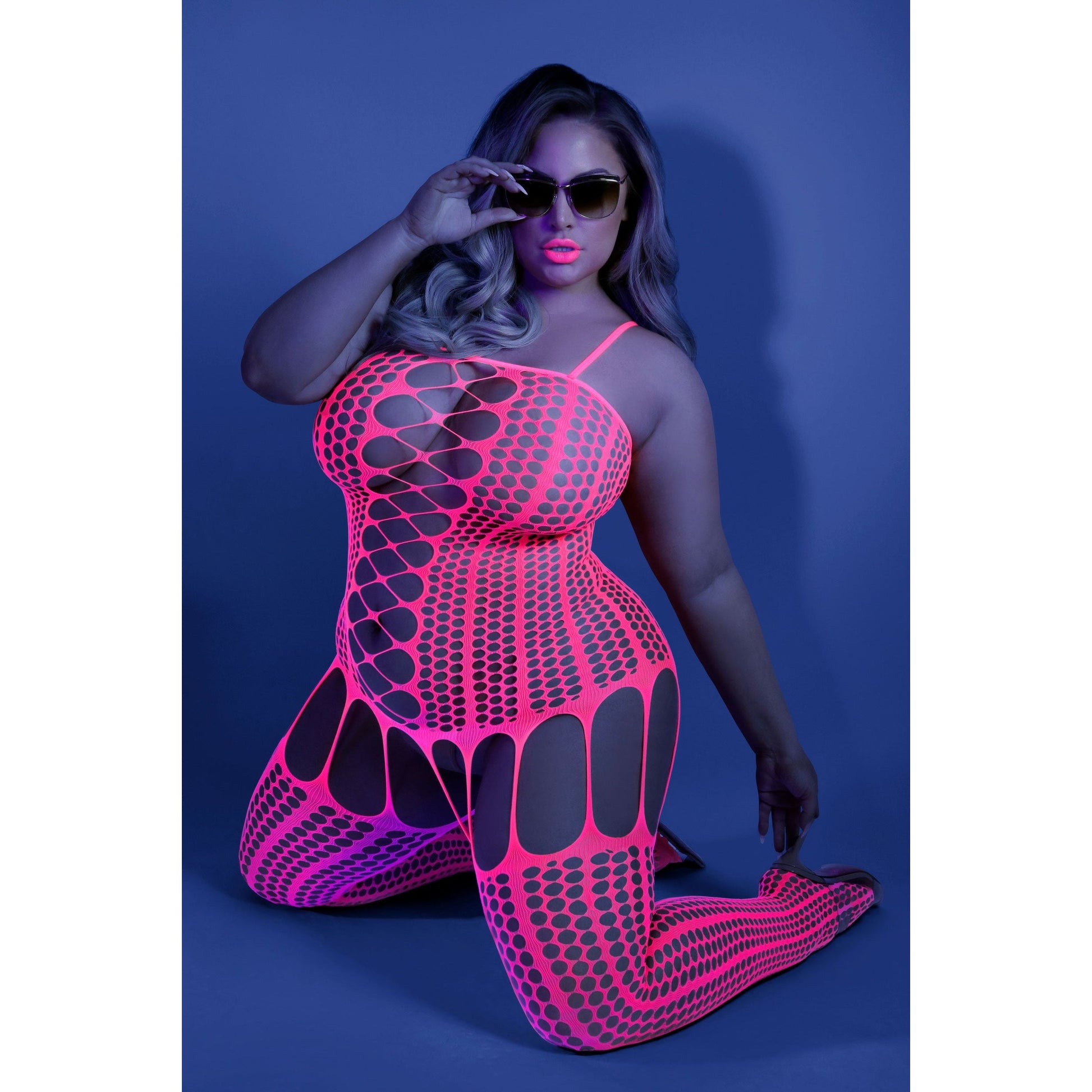 Hypnotic Crisscross Stripe Bodystocking - Queen -  Neon Pink FL-GL2113-QS-B