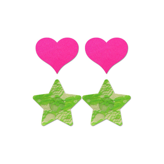 Fashion Pasties Set - Neon Pink Satin Heart and Neon Green Lace Star FL-FLA102NEON