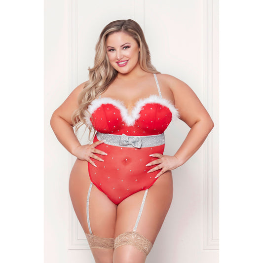 Rhinestone Studded Mesh Teddy With Marabou Trim - 1x/2x - Red STM-11470XR1X2