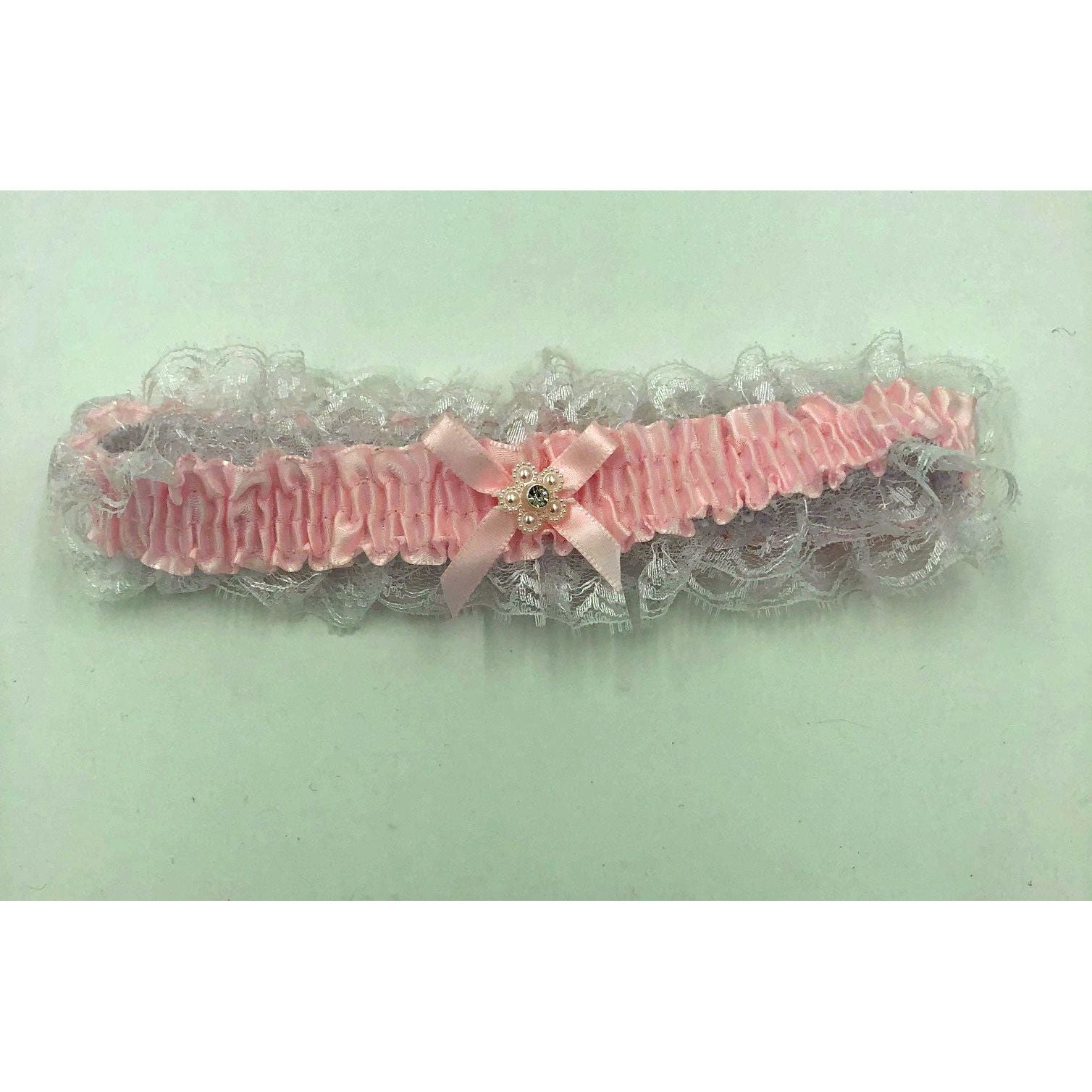 Satin Leg Garter - One Size - Baby Pink With White Lace EM-3555PK