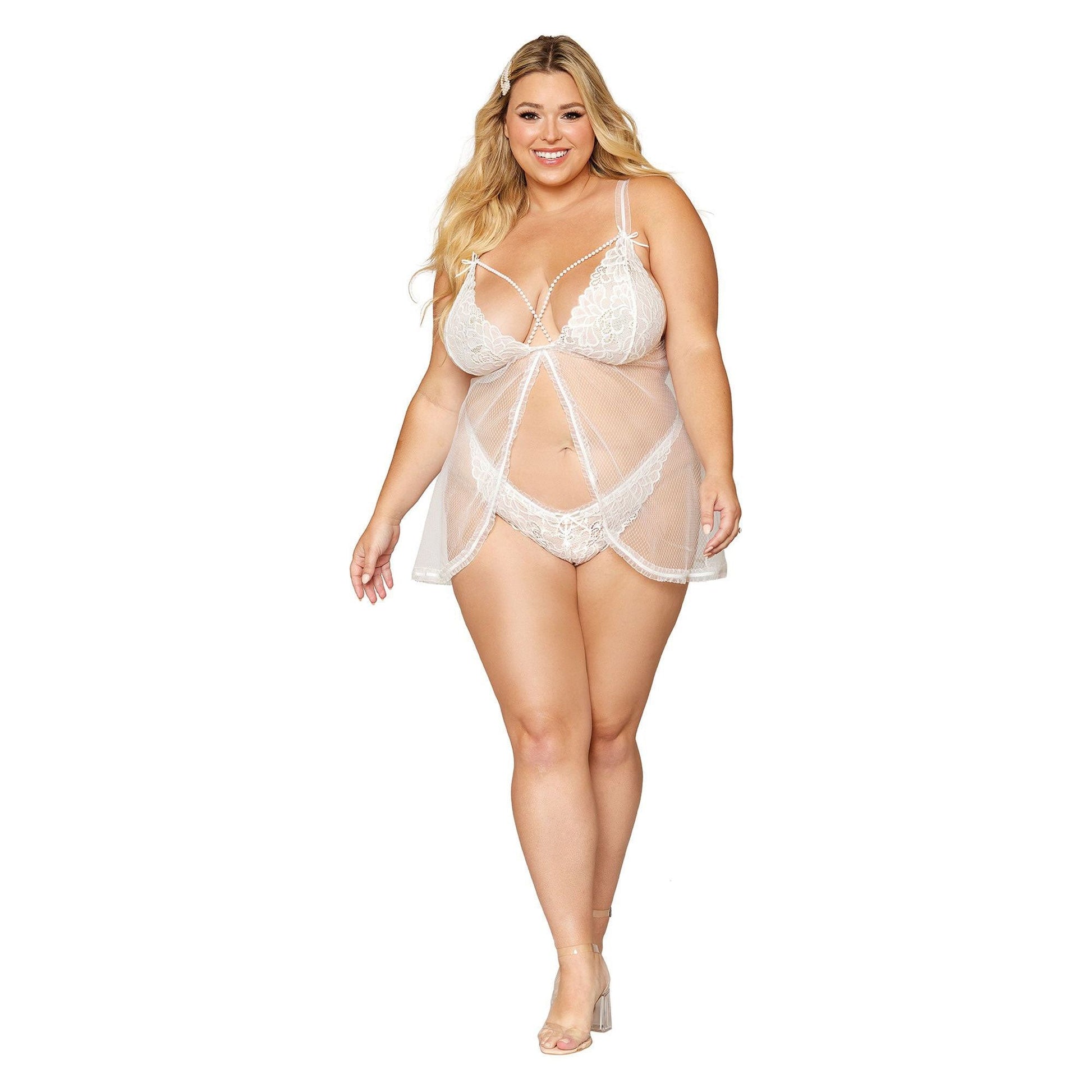 Babydoll and Pearl G-String - Queen Size - White DG-12834WHTQ