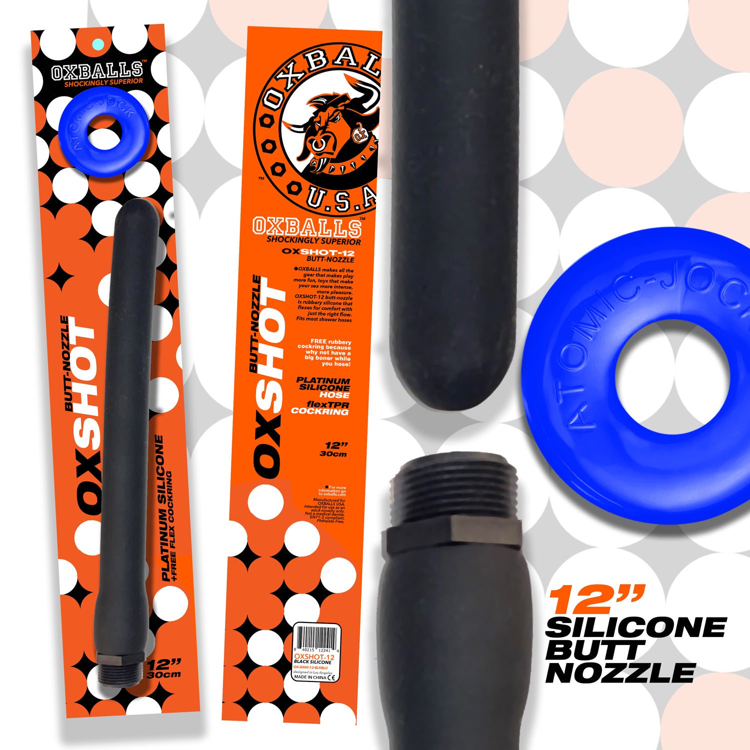 Oxshot - Butt-Nozzle Shower Hose 12 Inch - Black  Blue OX-8000-12-BKB