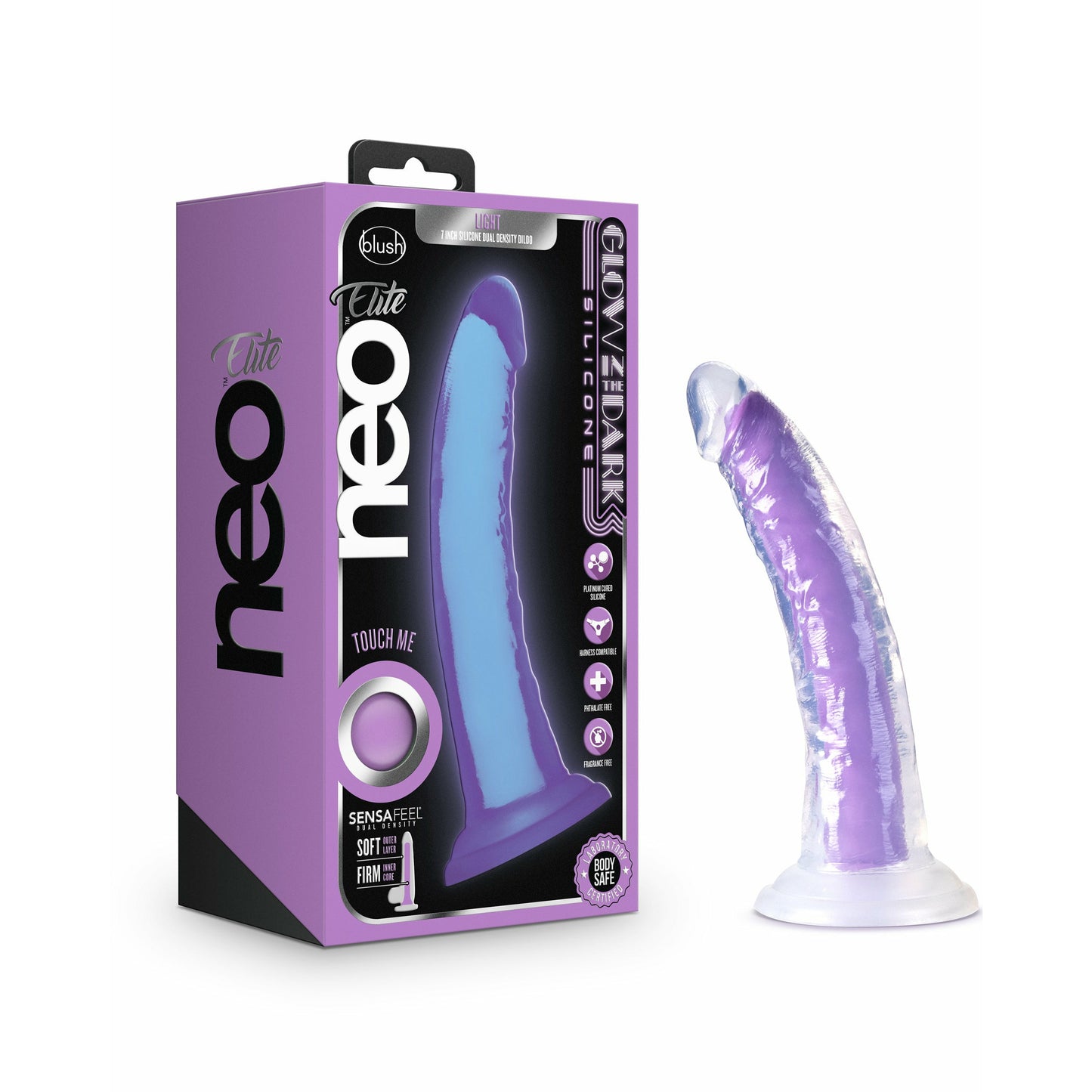 Neo Elite Glow in the Dark - Light - 7 Inch  Silicone Dual Density Dildo - Neon Purple