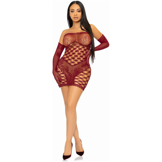 2 Pc Hardcore Net Tube Dress With Gloves - One Size - Burgundy LA-86136BUROS