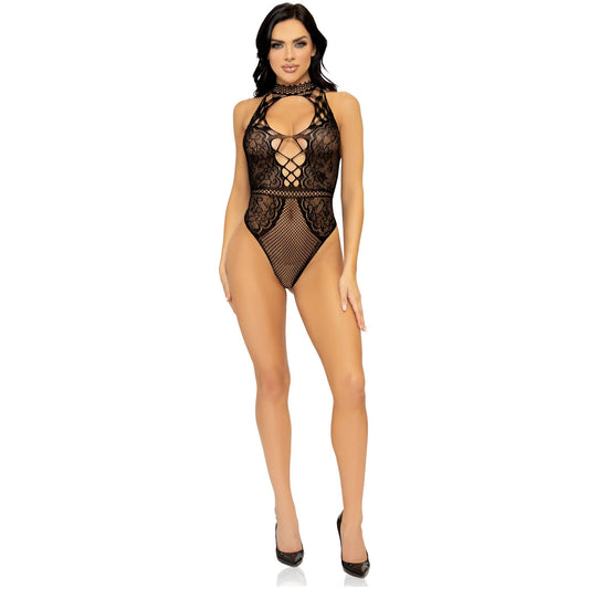 Net and Lace Keyhole Halter Bodysuit - One Size - Black LA-89307BLKOS