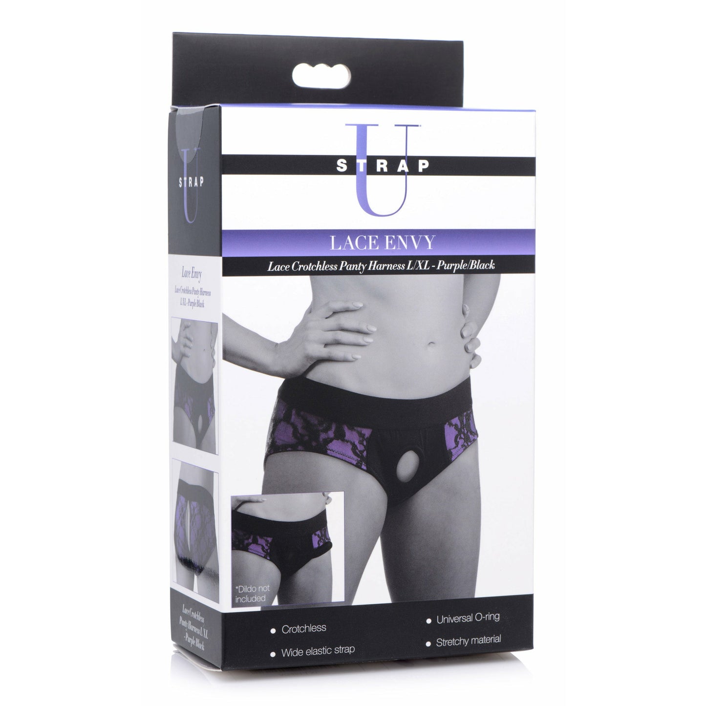 Lace Envy Crotchless Panty Harness - L/ XL Purple and Black