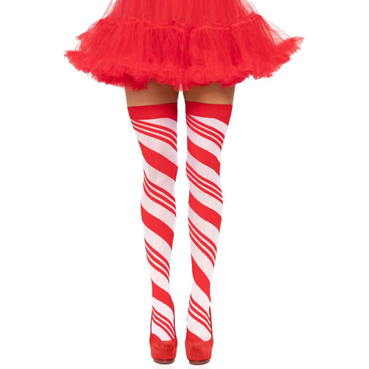 Candy Cane Thigh High - One Size - White/red LA-6628WHTRED