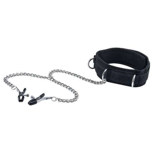 Velcro Collar With Nipple Clamps - Black OU-OU671BLK