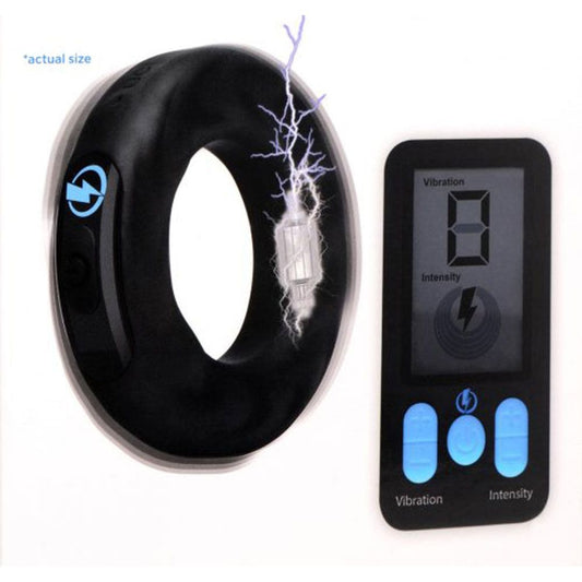 E-Stim and Vibrating Silicone Cock Ring 45mm With  Remote Control - Black ZE-AG932