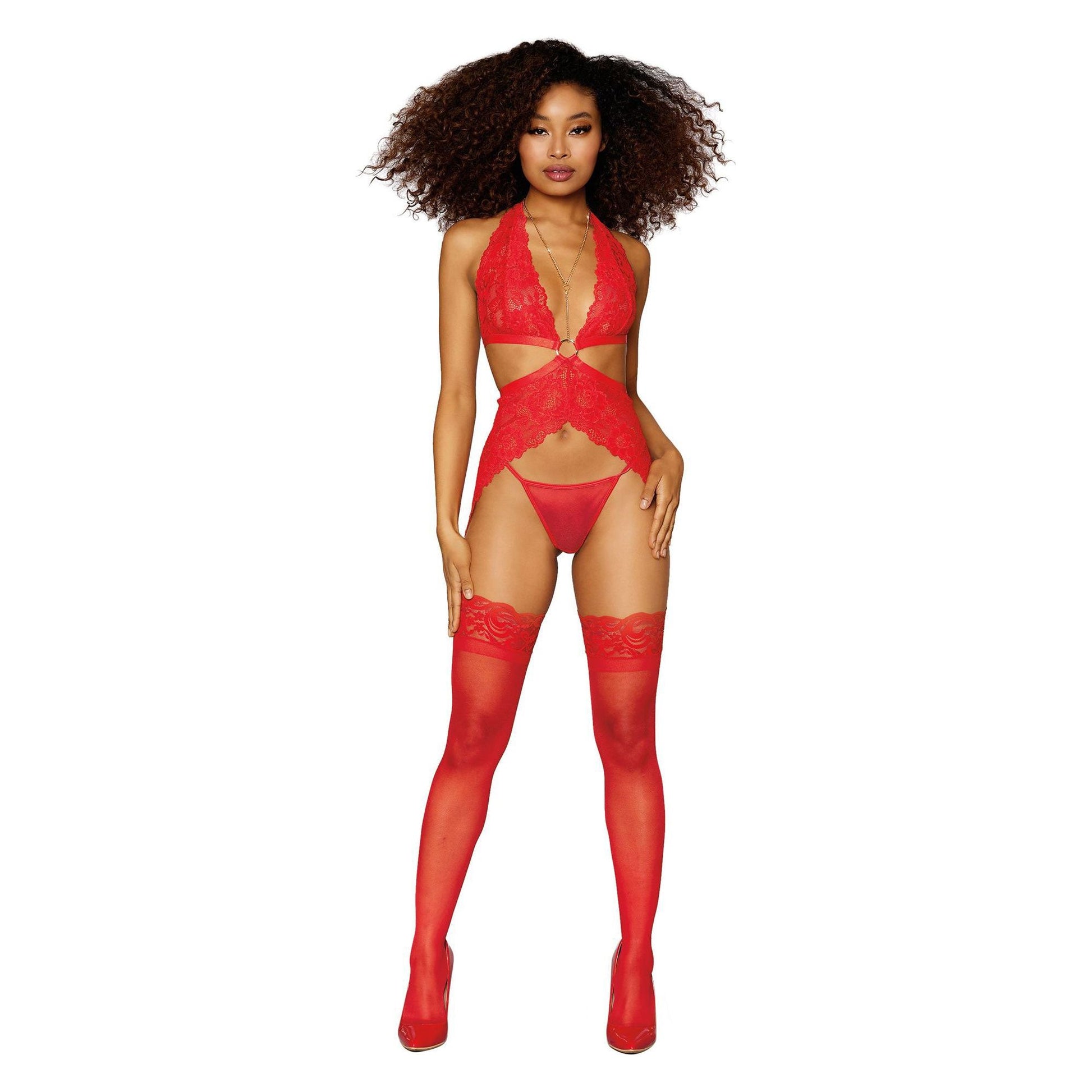 Garter Slip and G-String - One Size - Lipstick Red DG-12708LRDOS