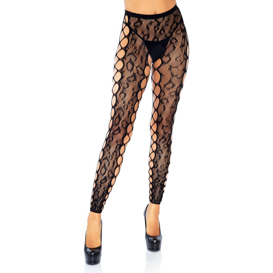 Footless Leopard Lace Crotchless Tights - Black