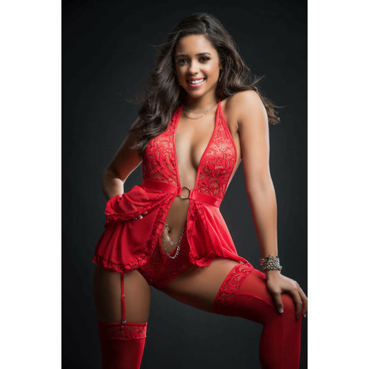 2pc O-Ring Babydoll Zip Crotch Teddy and Stocking One Size - Candy Red GWD-BL2007RD