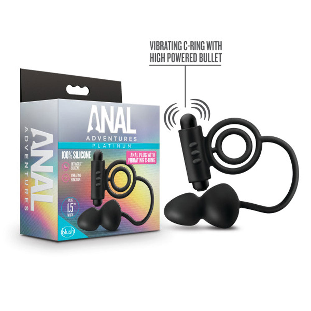 Anal Adventures- Platinum- Silicone Anal Plug With Vibrating C-Ring - Black