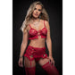 4 Pc Laced Garter Skirt With Lace Up Bra and  Stockings - One Size - Red GWD-BL2260RED