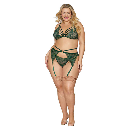 Bralette With Garter Belt and G-String - Queen Size - Evergreen DG-12707GRNQ